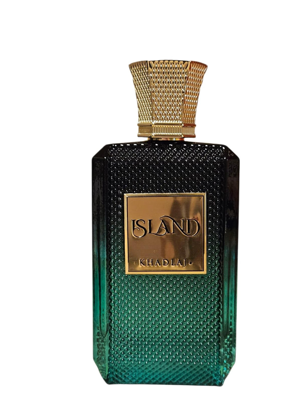 KHADLAJ Island front bottle in emerald glass showing elegant shape and presence