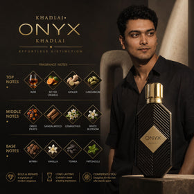 Khadlaj Onyx Gold lifestyle setting on vanity suggesting versatile wear benefit