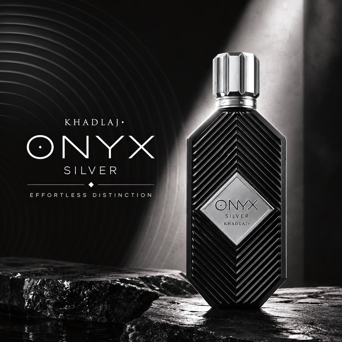 Khadlaj Onyx Silver notes board with bergamot ginger patchouli for scent clarity