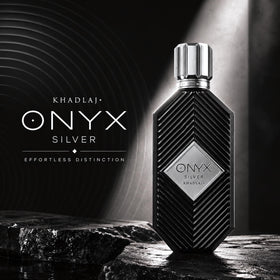 Khadlaj Onyx Silver notes board with bergamot ginger patchouli for scent clarity