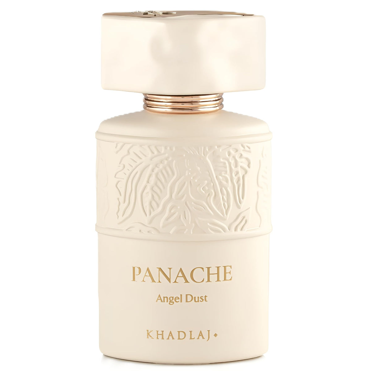 Khadlaj Panache Angel Dust front bottle showing elegant label and glass, conveys premium appeal