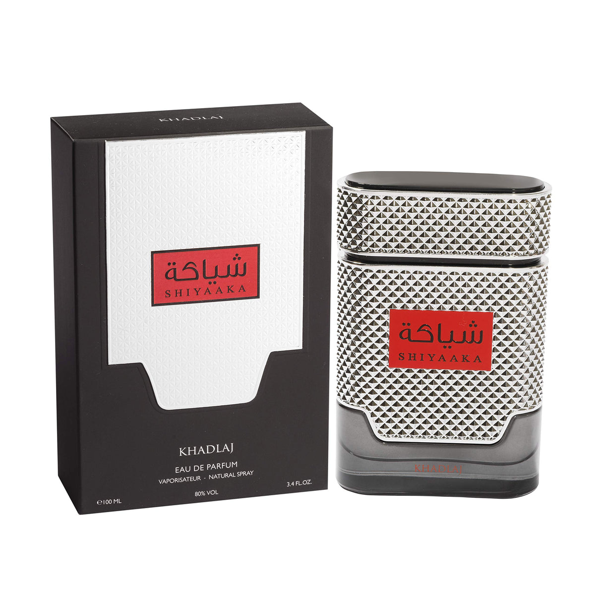 KHADLAJ PERFUMES Shiyaaka Silver front bottle shot showing elegant design and instant visual appeal