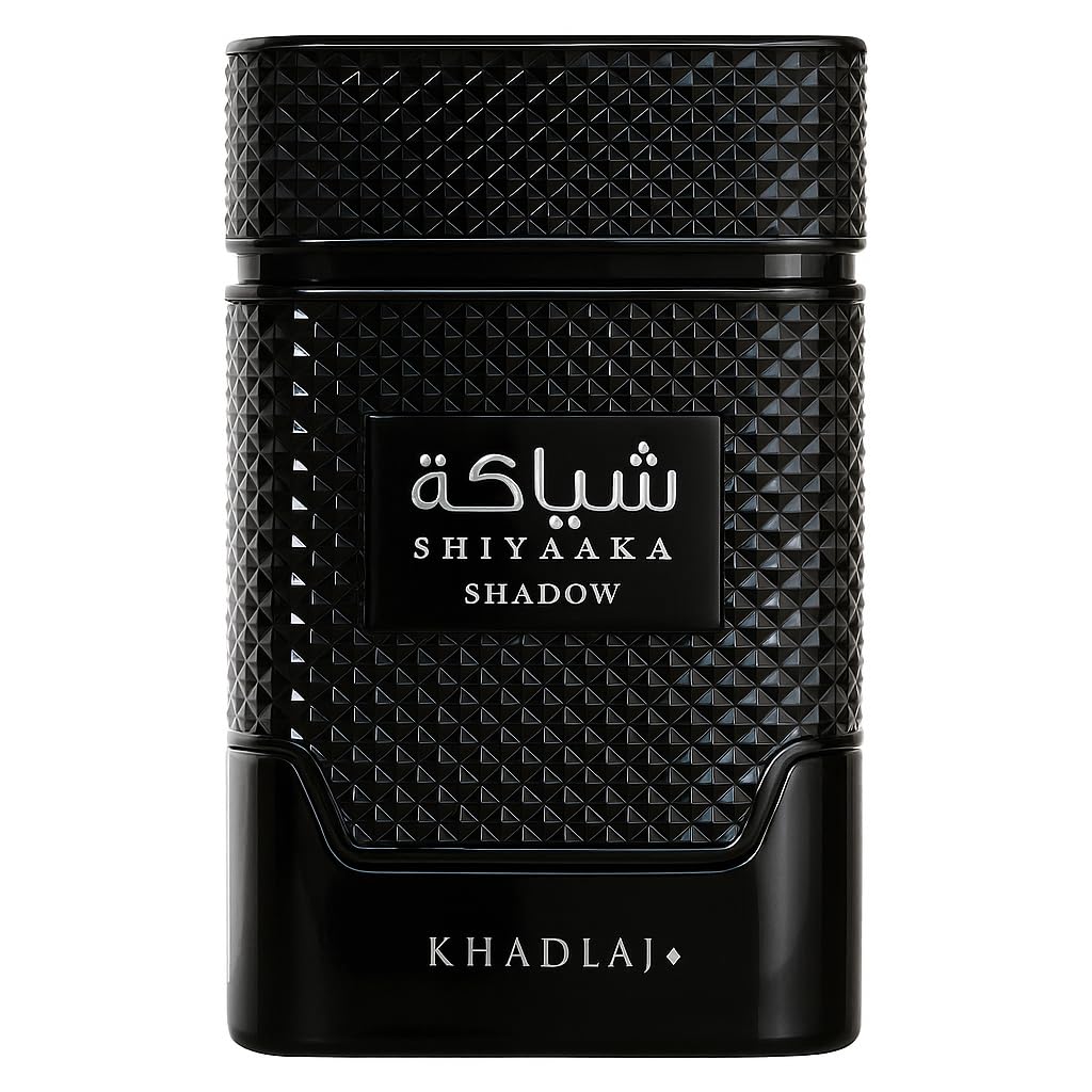 KHADLAJ PERFUMES Shiyaaka Shadow front bottle view showing smoky flacon and bold label benefits display