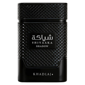 KHADLAJ PERFUMES Shiyaaka Shadow front bottle view showing smoky flacon and bold label benefits display