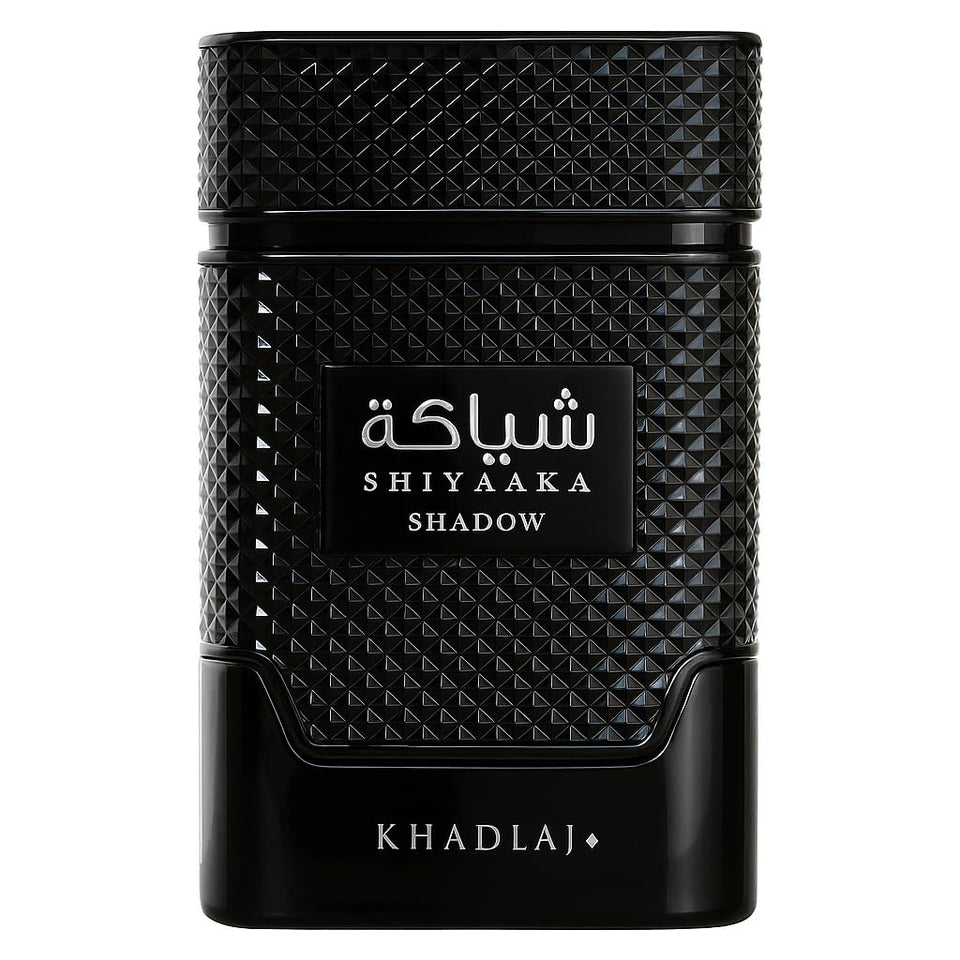 KHADLAJ PERFUMES Shiyaaka Shadow front bottle view showing smoky flacon and bold label benefits display