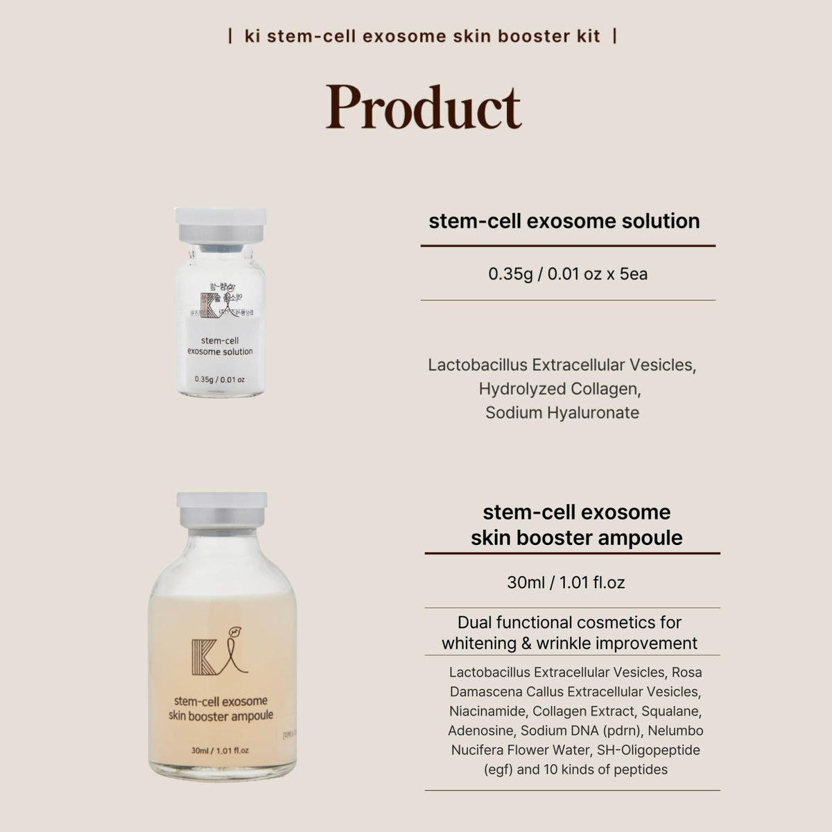 ki cosmetics five solution vials arranged beside booster bottle, highlights kit completeness