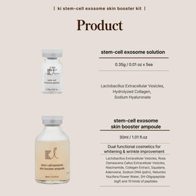 ki cosmetics five solution vials arranged beside booster bottle, highlights kit completeness