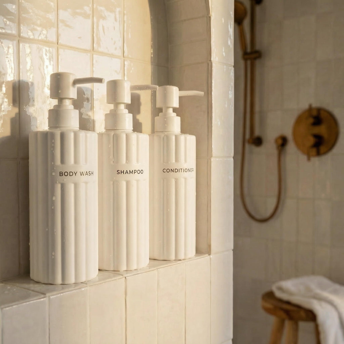 KIBAGA front view set of three beige bottles showing organized look and easy access