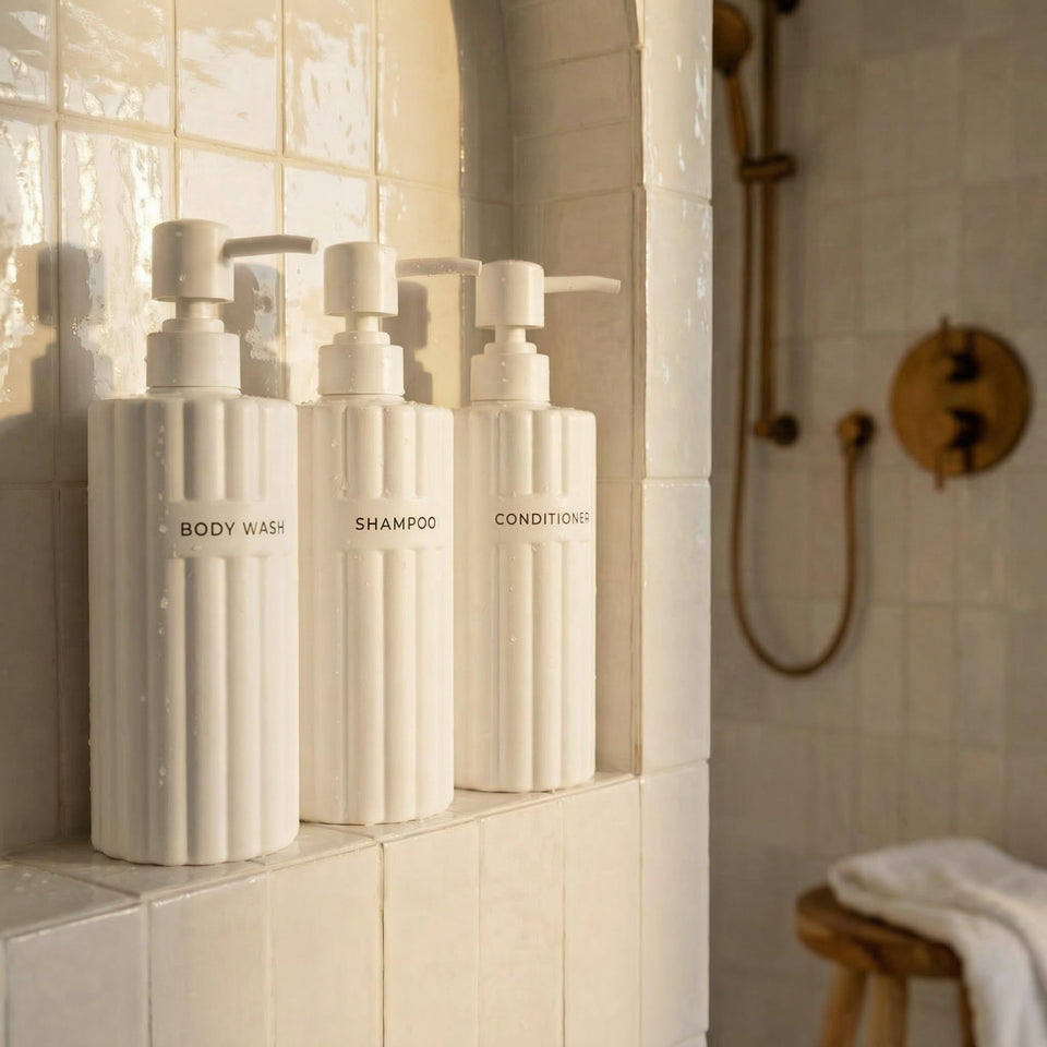 KIBAGA front view set of three beige bottles showing organized look and easy access