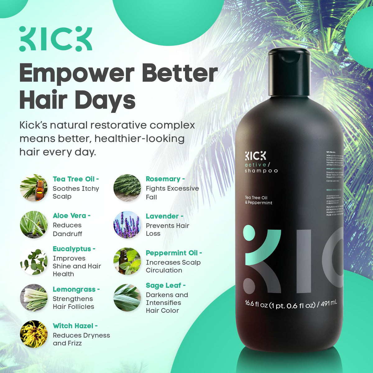Kick shampoo label highlighting botanicals and ingredient clarity