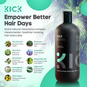 Kick shampoo label highlighting botanicals and ingredient clarity