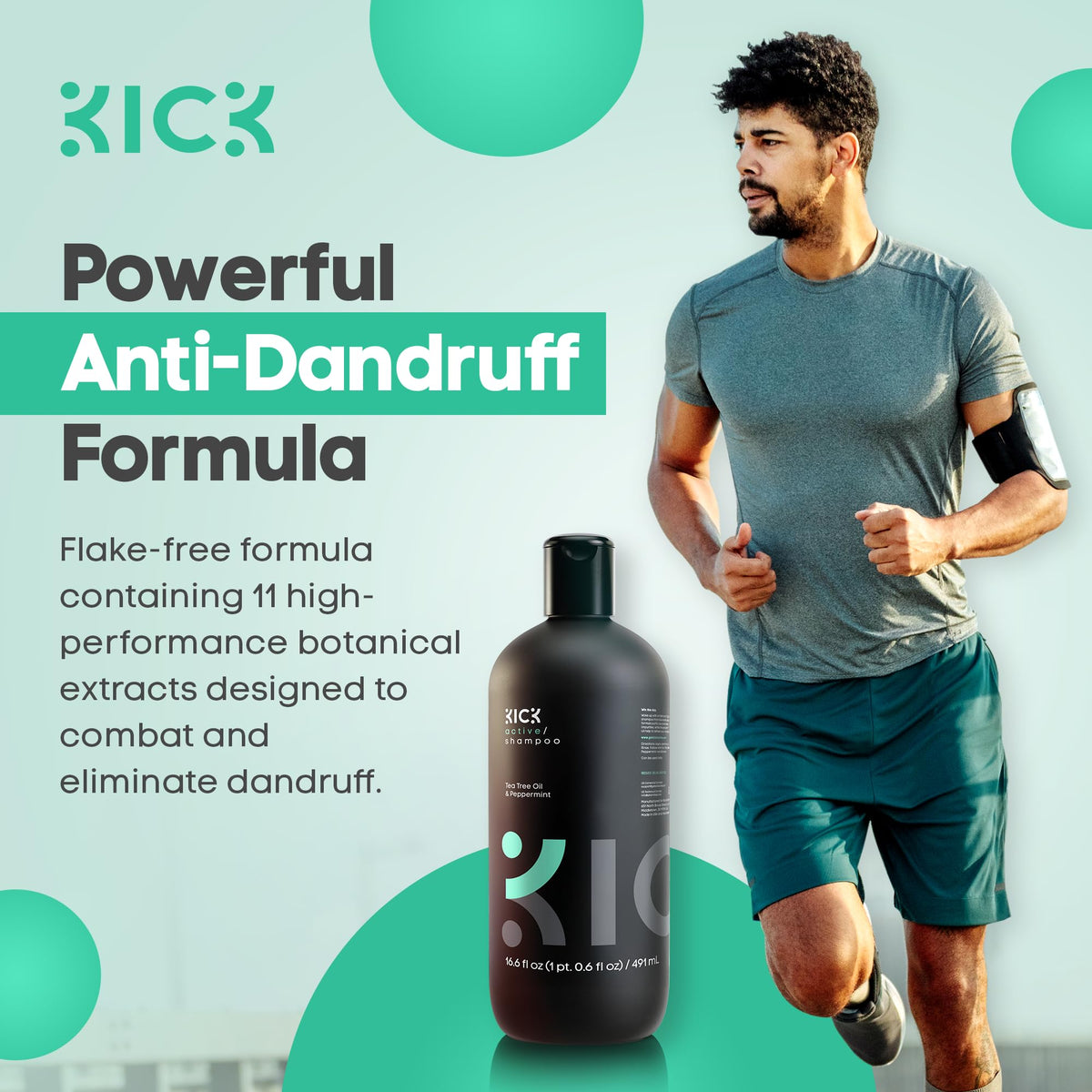Kick shampoo next to ruler showing 16.6oz size and lasting value