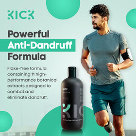 Kick shampoo next to ruler showing 16.6oz size and lasting value