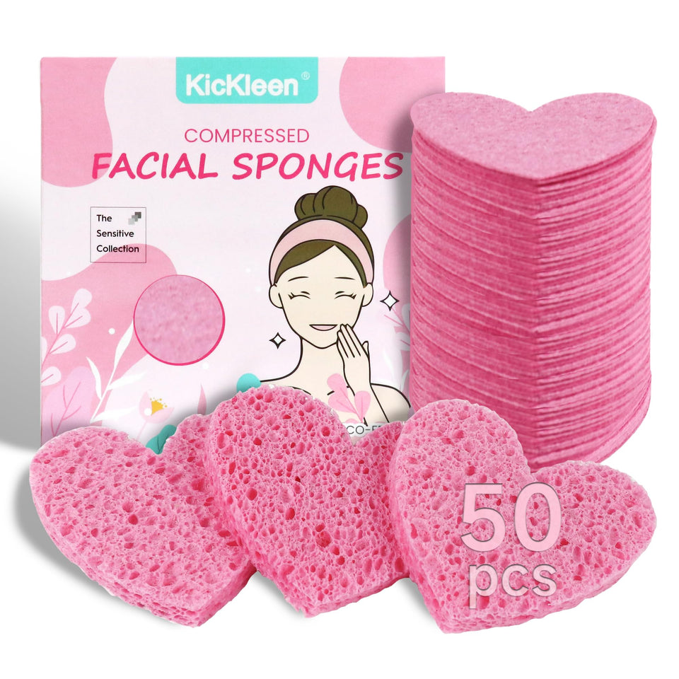 kickleen front packaging showing 50 heart sponges and compact storage benefit