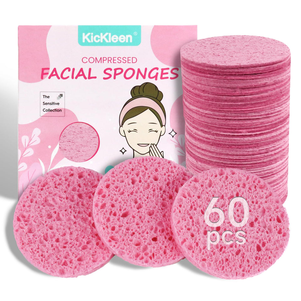 kickleen front packaging showing 60-count pink compressed sponges and benefits