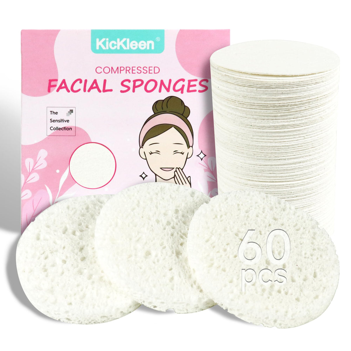 kickleen front packaging showing 60-count compressed sponges and eco benefits