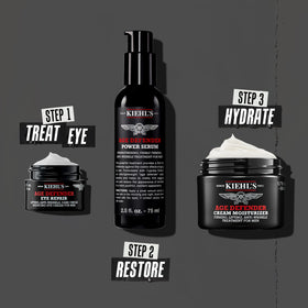 Kiehl's product on bathroom shelf in men's morning routine showing easy layering benefit