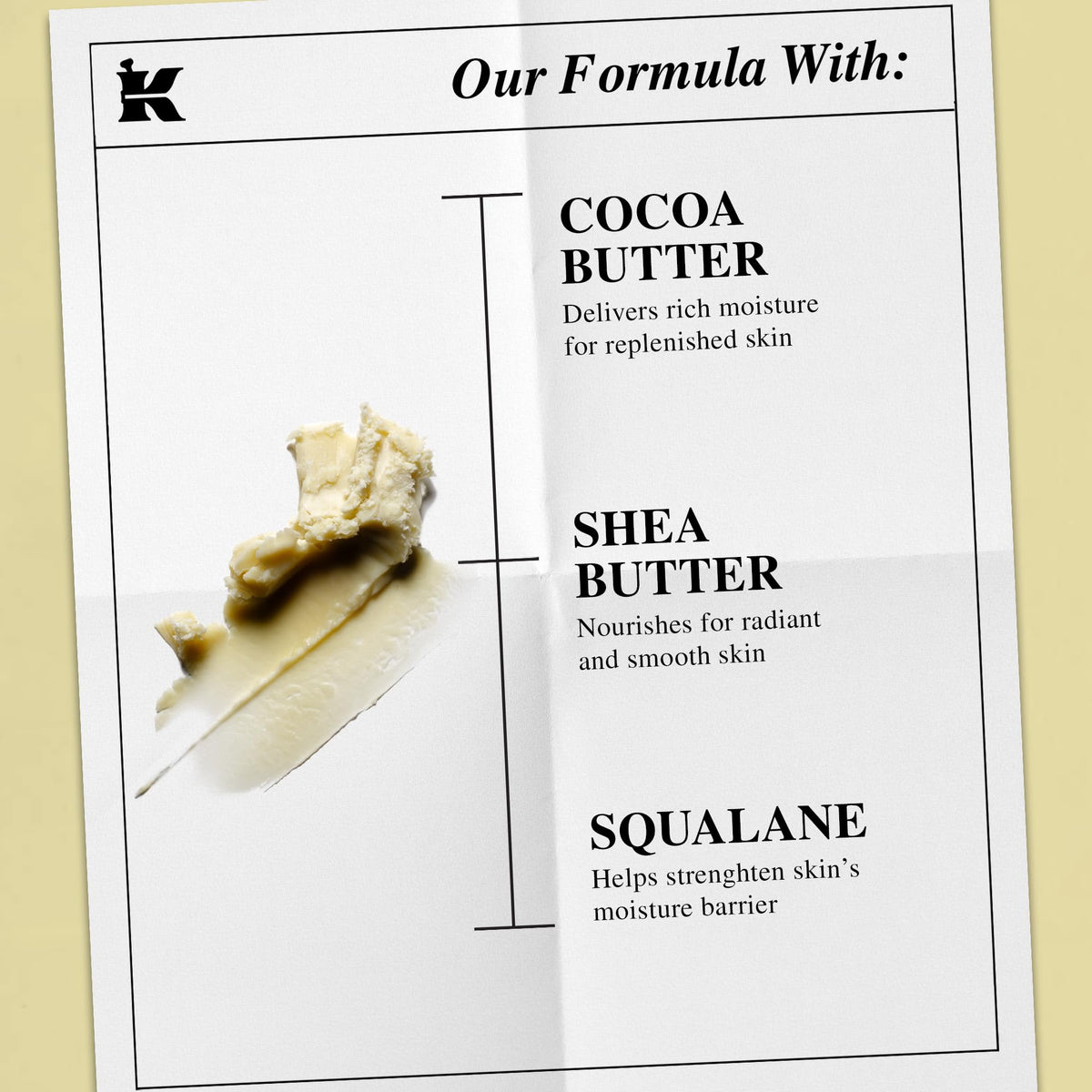 Kiehl's cocoa and shea butter ingredients conveying nourishing benefits
