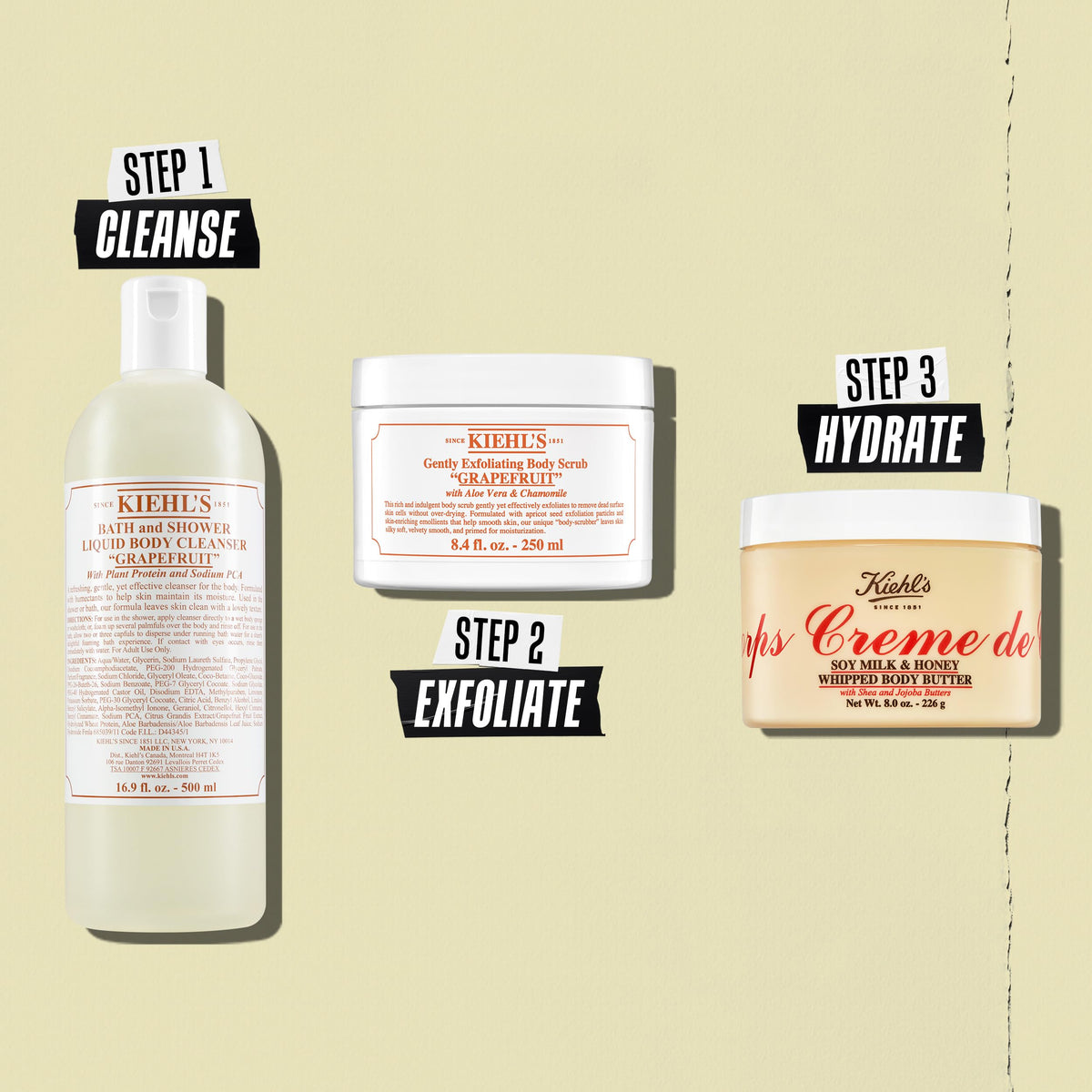 Kiehl's jar on bathroom shelf conveying daily post-shower hydration