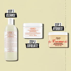 Kiehl's jar on bathroom shelf conveying daily post-shower hydration