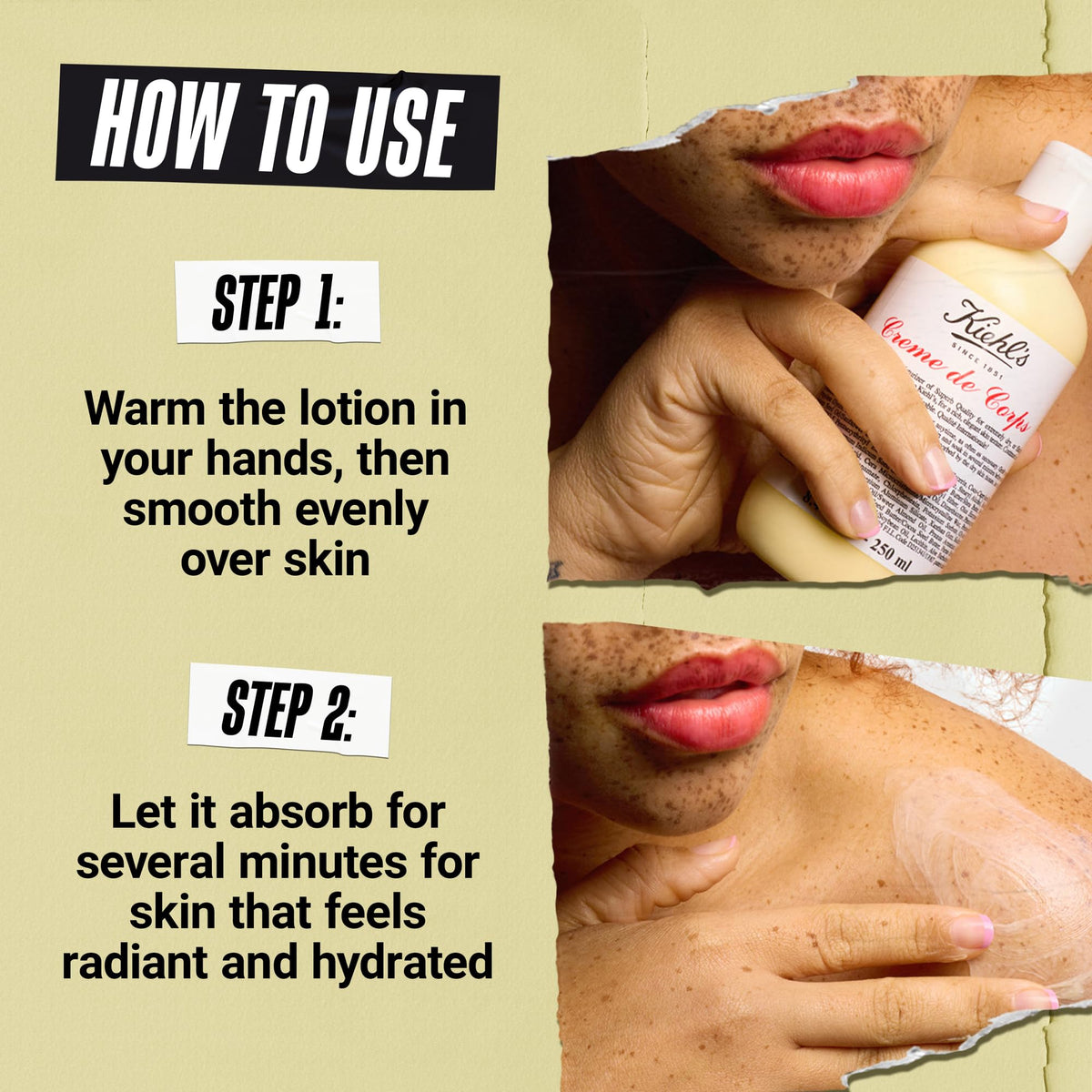 Kiehl's lotion spread on forearm showing non-greasy finish benefit