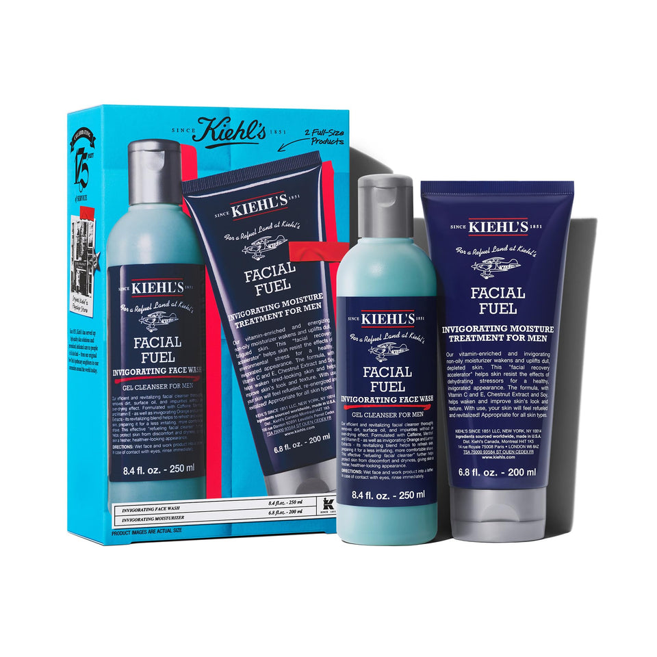 Kiehl's front packaging of the Facial Fuel gift set showing both products and branding benefits