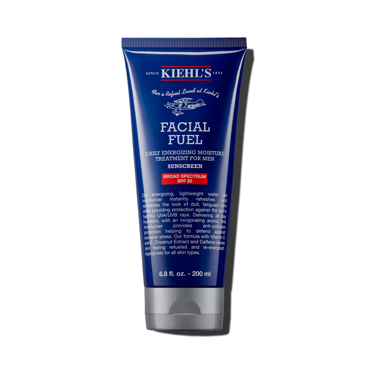 Kiehl's Facial Fuel front packaging shows bottle and SPF benefits