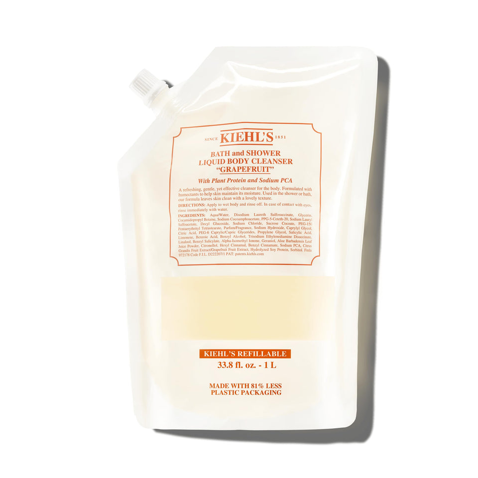 Kiehl's front bottle view showing clean grapefruit packaging and refill benefit
