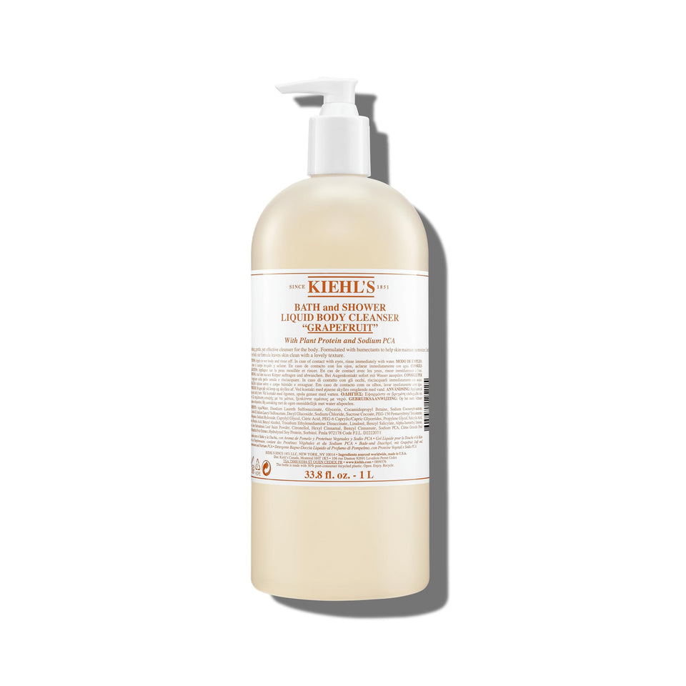 Kiehl's front pump bottle showing grapefruit cleanser and easy dispense benefit