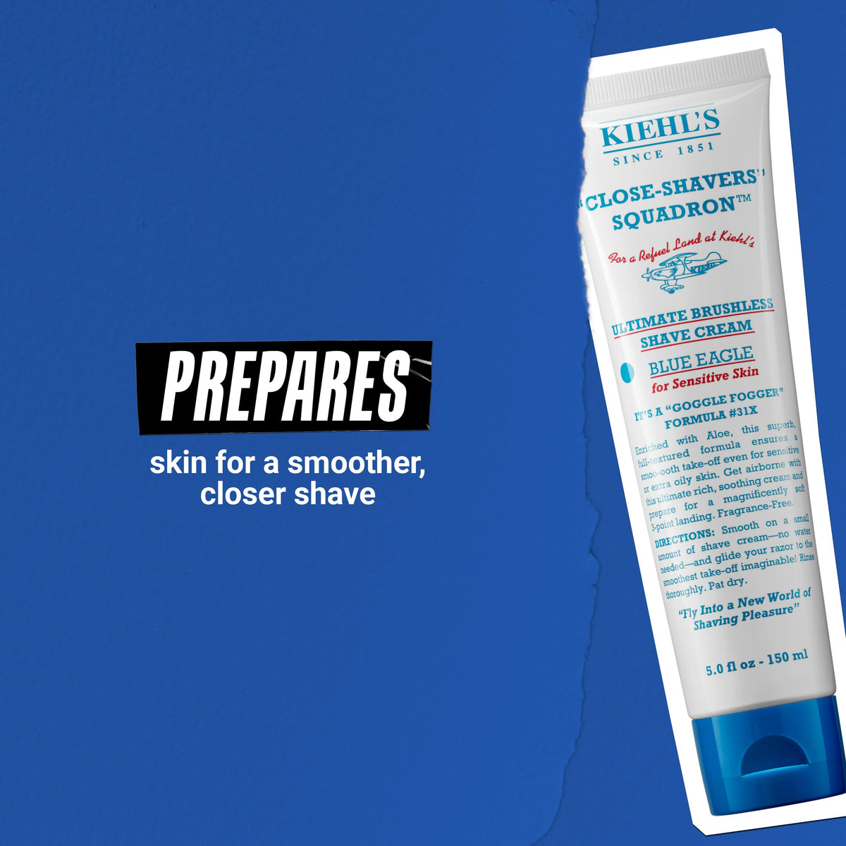 Kiehl's 5 fl oz tube next to a razor showing scale and clear ingredient label