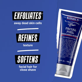 Kiehl's exfoliating scrub tube next to a razor to demonstrate size and shave-ready routine compatibility