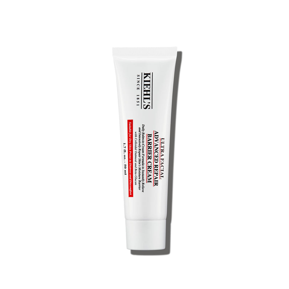Kiehl's front packaging of Ultra Facial Advanced Repair Barrier Cream, clear product ID and benefits