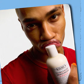 Kiehl's moisturizer on bathroom counter styled in routine setting for daily use