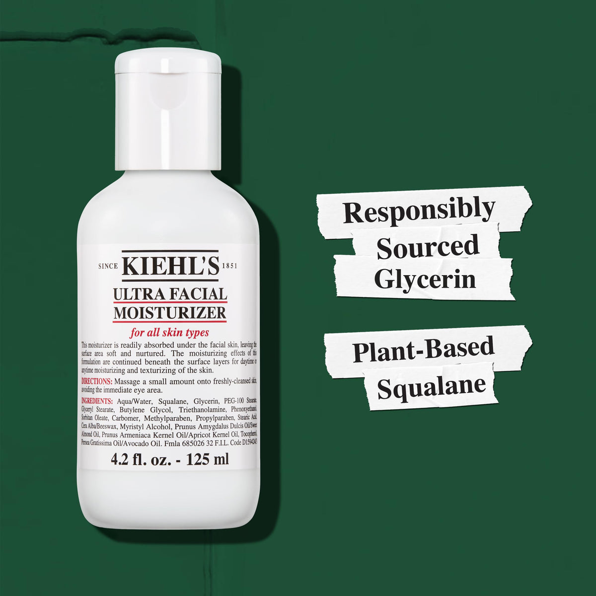 Kiehl's label close-up showing fragrance-free and paraben-free formula benefits