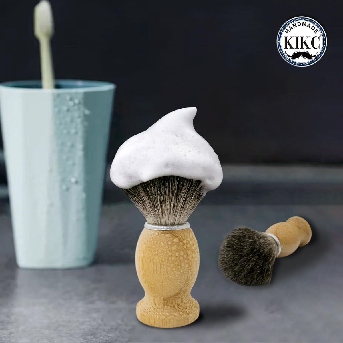 KIKC brush on bathroom counter with shaving kit for lifestyle appeal