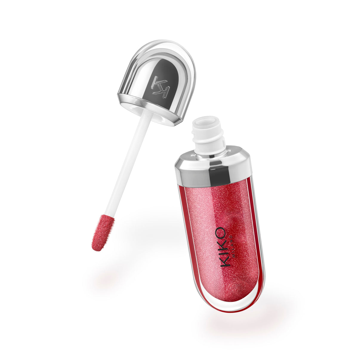 Kiko Milano gloss worn on lips in Iridescent Ruby, visibly fuller radiant smile