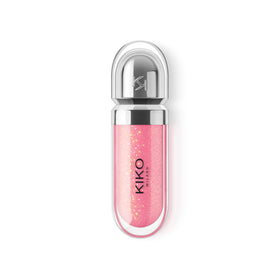 Kiko Milano lip swatch on model displaying Sparkling Hibiscus Pink radiance