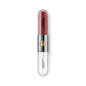 Kiko Milano swatch of base and gloss on skin, shows intense long-lasting color and radiant shine