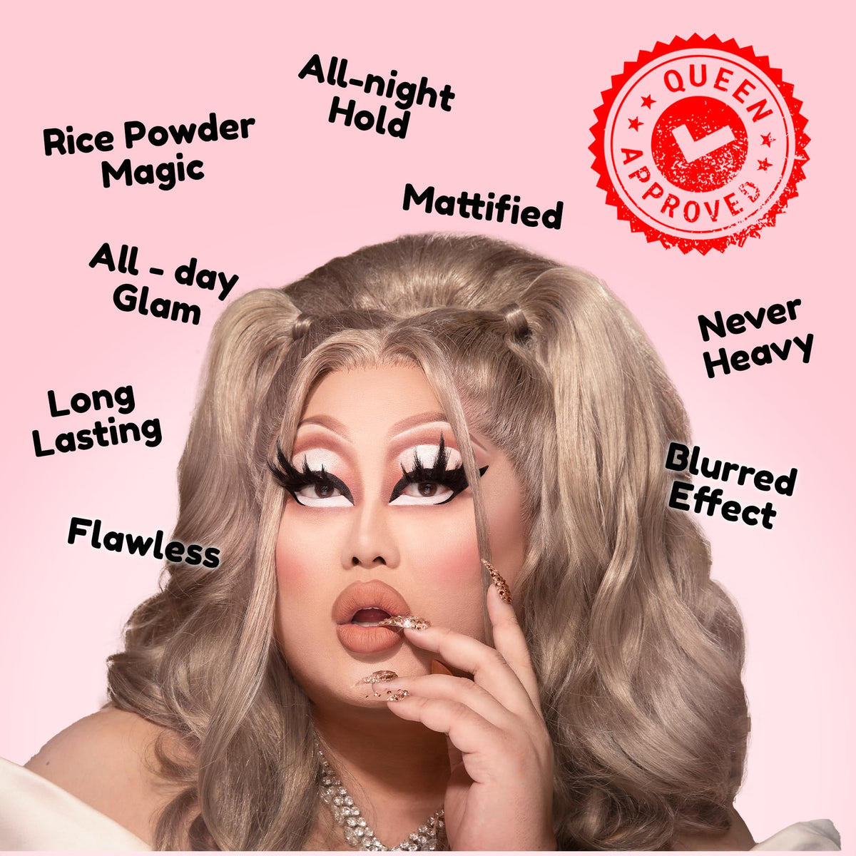 Model applying KimChiChic spray for long-lasting makeup benefit