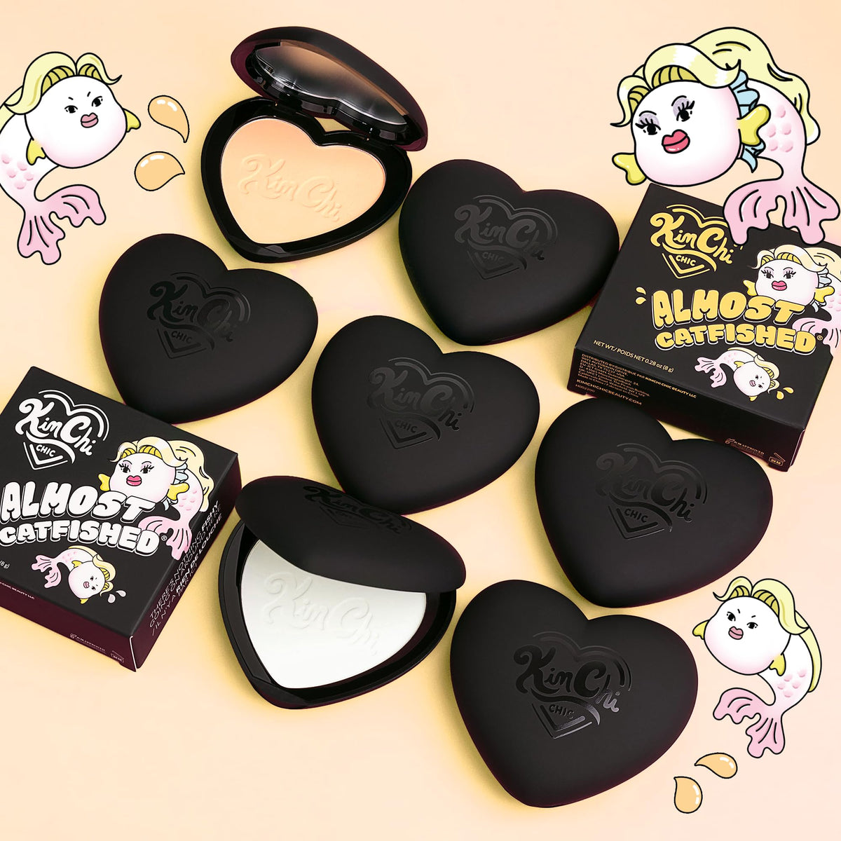 KimChiChic powder placed next to foundation and concealer for coordinated routine benefit
