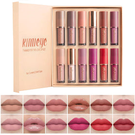 KIMIEYE front packaging of 12-piece matte liquid lipstick set showing product lineup and colors
