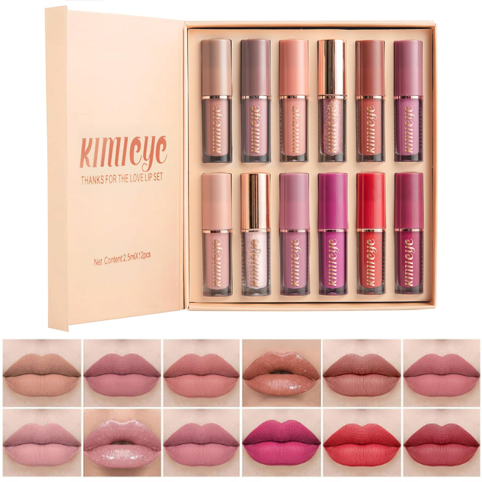 KIMIEYE front packaging of 12-piece matte liquid lipstick set showing product lineup and colors