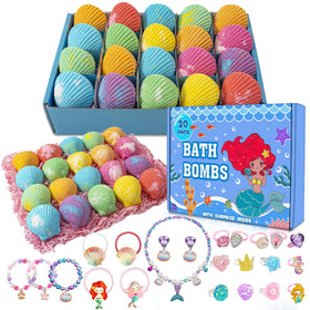 kims cosiart front packaging showing 20 mermaid bath bombs, vibrant gift-ready