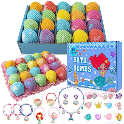 kims cosiart front packaging showing 20 mermaid bath bombs, vibrant gift-ready