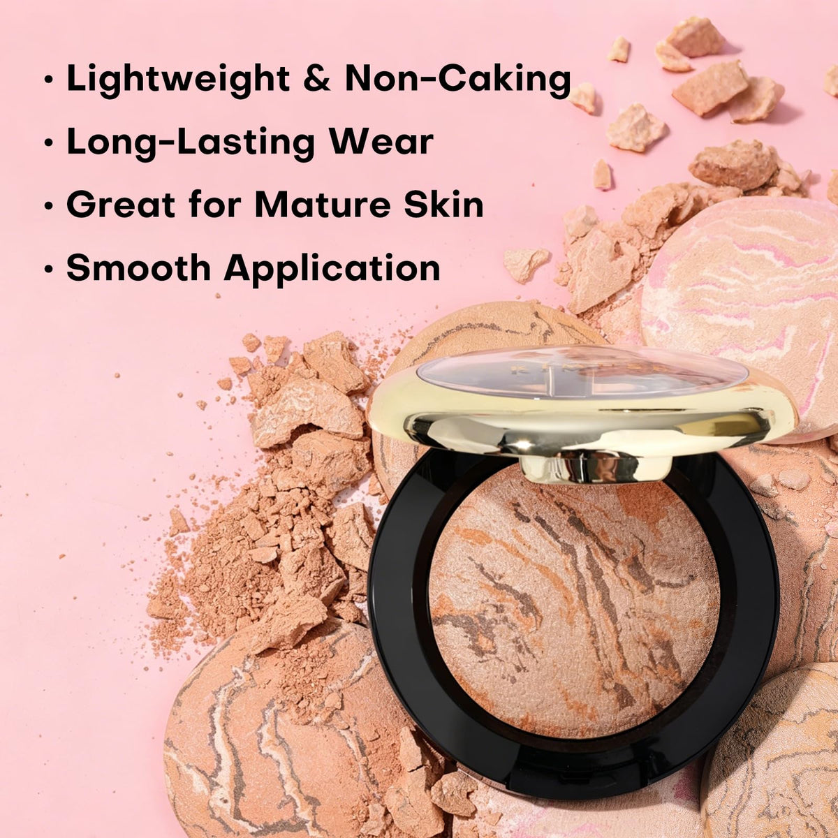 KIMUSE open powder pan beside kabuki brush demonstrating easy application benefit