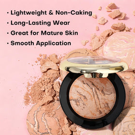 KIMUSE open powder pan beside kabuki brush demonstrating easy application benefit