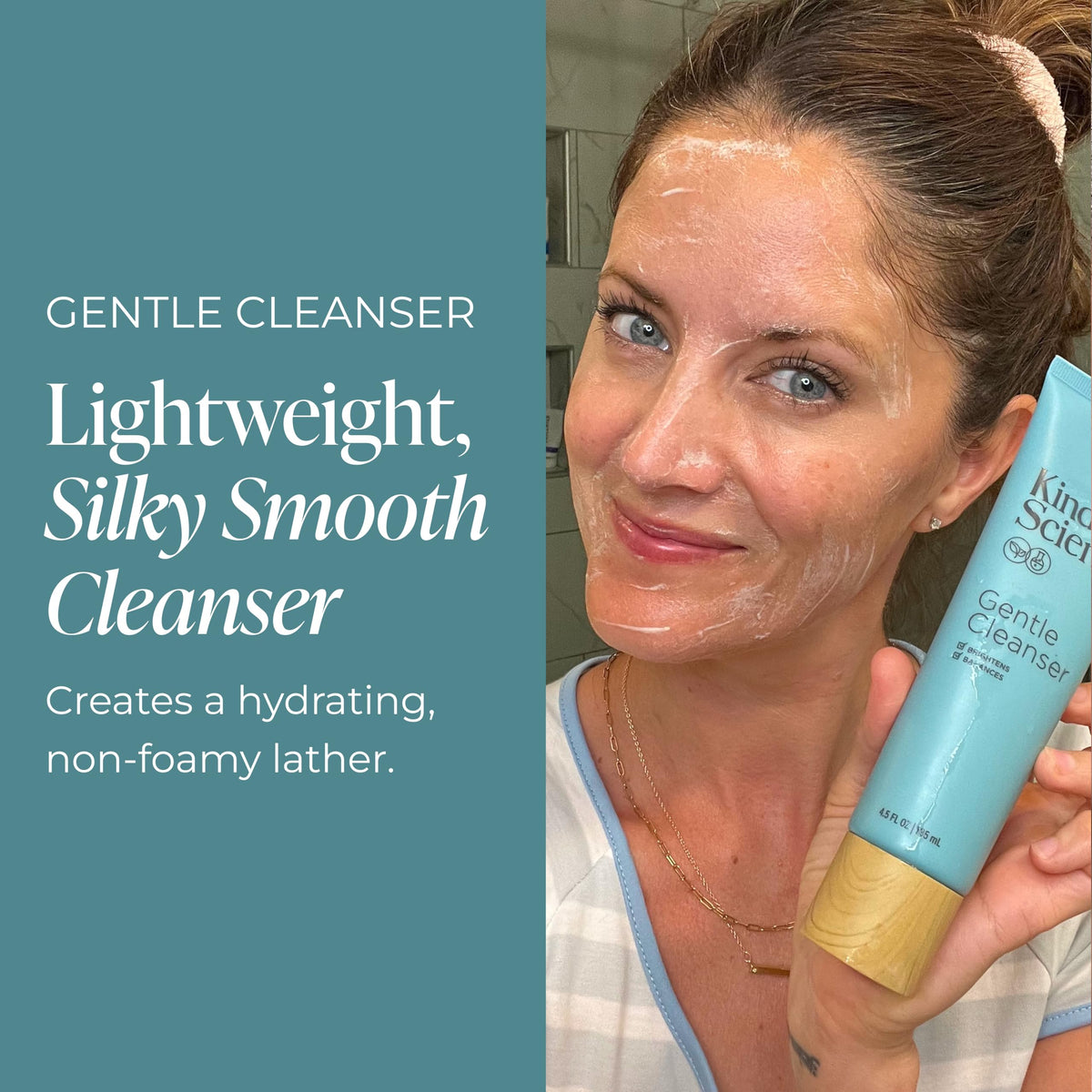 Kind Science cleanser on bathroom counter in routine for simple morning and night use
