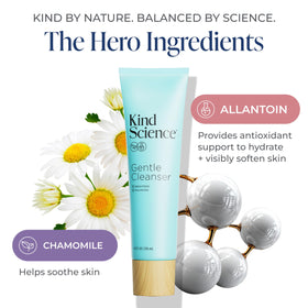 Kind Science cleanser poured into palm highlighting non-foaming cream that lifts makeup