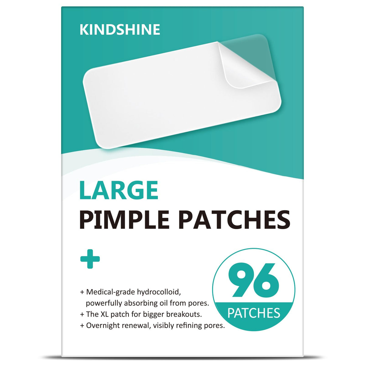 kindshine front packaging showing 96-count XL patches and branding benefits
