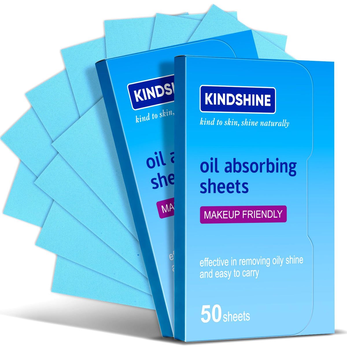 kindshine front pack showing compact oil blotting sheets, easy portability benefit